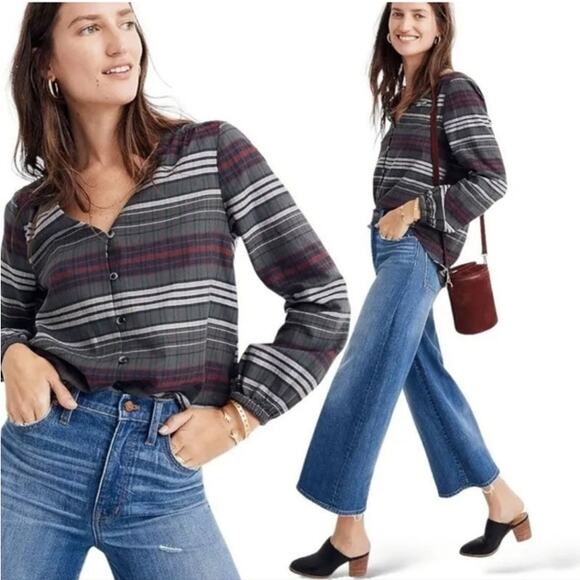 Madewell Plaid Button Up Shirt V Neck Pinview Blouse Relax Fit Stripe - Picture 2 of 9